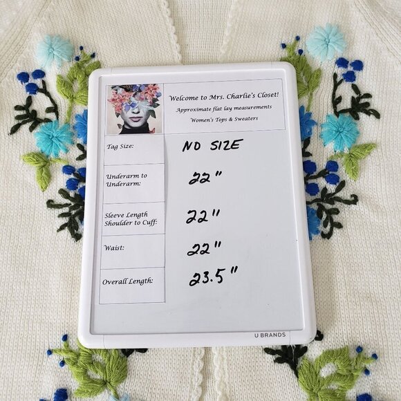 Vtg 60s 70s Sears LG Crewel Embroidered Floral Ivory White Open Front  Cardigan - Picture 10 of 12